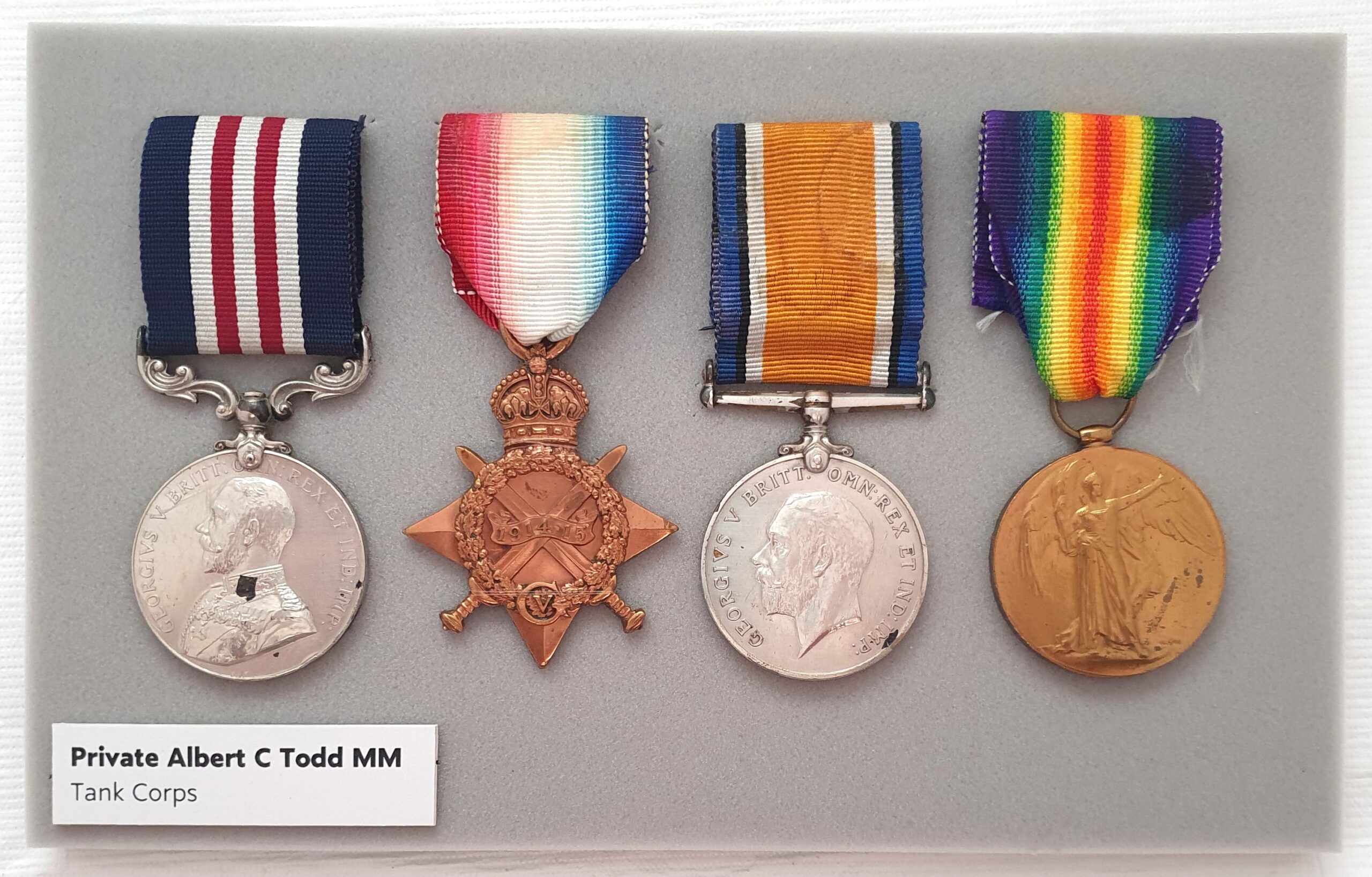 E1965.89.1_MED_Medal Set, Pte Albert C Todd_WW1_ Medals from left to right: Military Medal, 1914-15 Star, British War Medal, Victory Medal