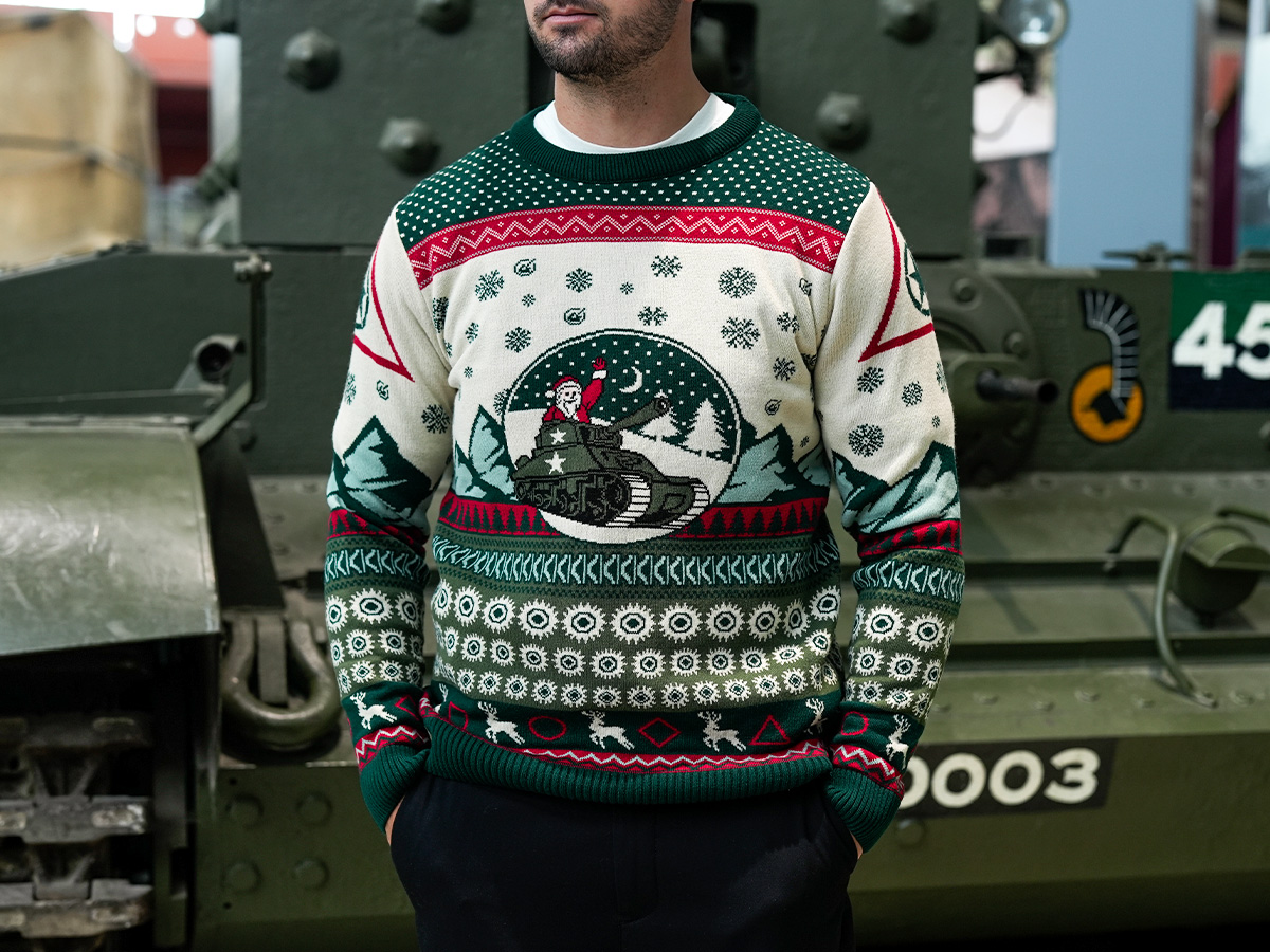 The new knit features Santa in a Sherman tank,